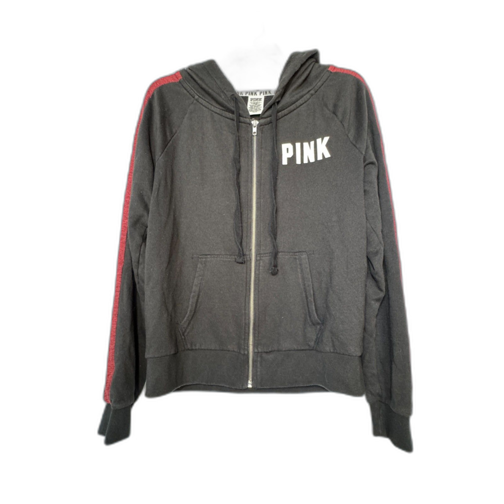VS PINK Y2K Black Full Zip Hoodie Red Sleeve Stripe Varsity Spellout size L